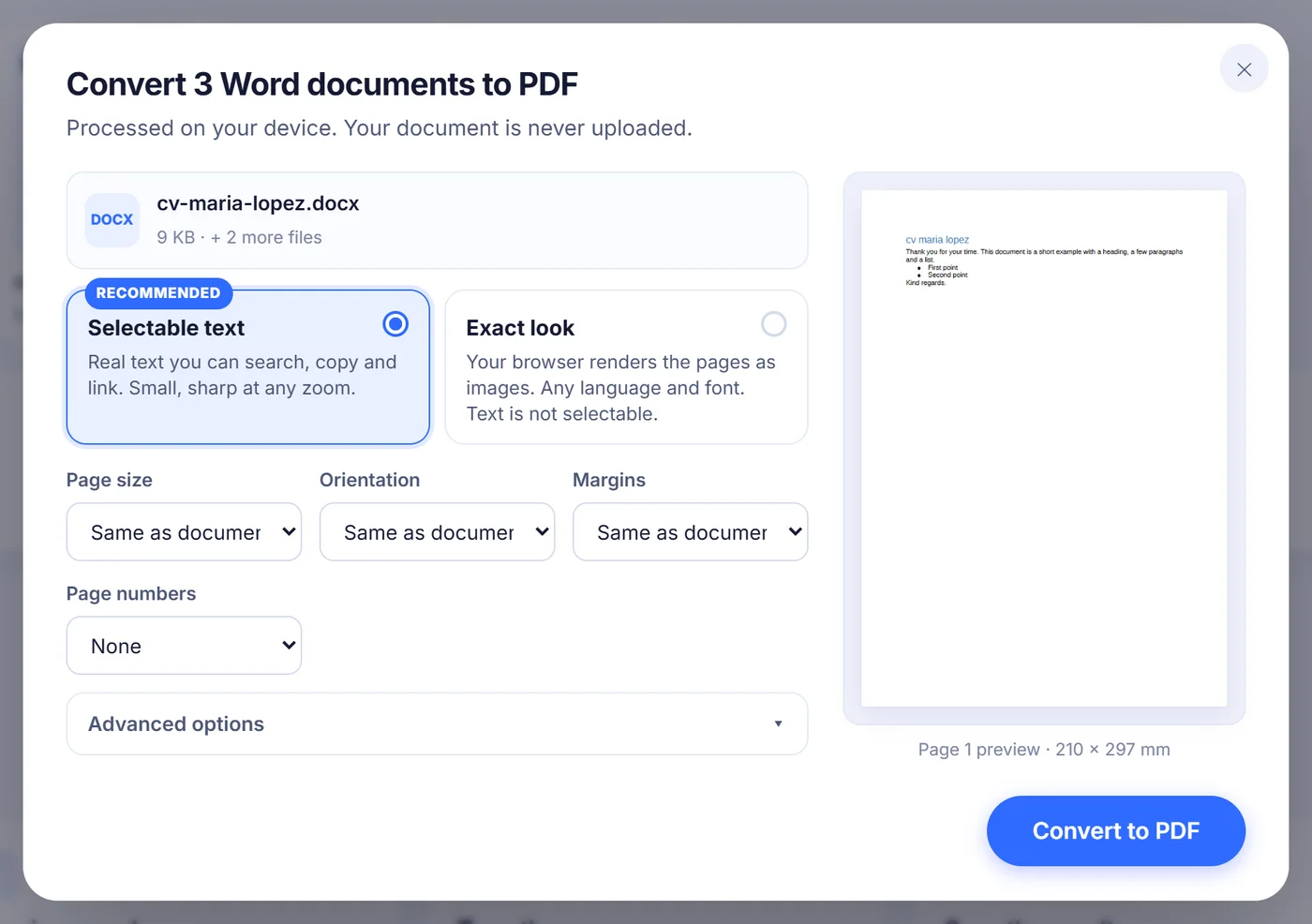 Options window for 3 Word documents with Selectable text chosen over Exact look, page size, orientation, margins, page numbers and an A4 preview